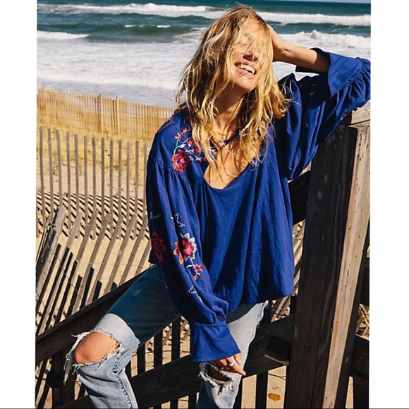 Free People Tops - Free People Lita Embroidered Blouse Blue